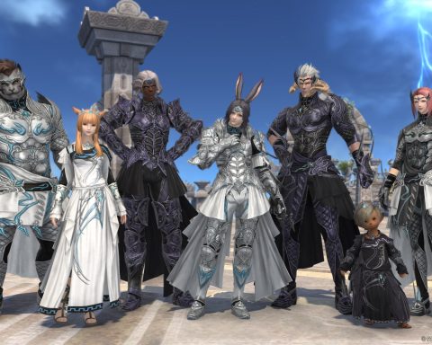A screenshot of seven characters from Final Fantasy XIV Online Patch 6.5.