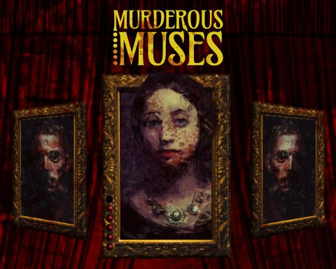 The key art for Murderous Muses, featuring the game's logo and five painted portraits in intricate gold frames.