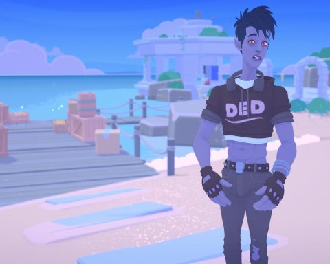 A screenshot from Mythwrecked: Ambrosia Island. A blue-skinned, blue haired man with abs and a cropped shirt that says "Ded" stands on a beach, in front of a dock.