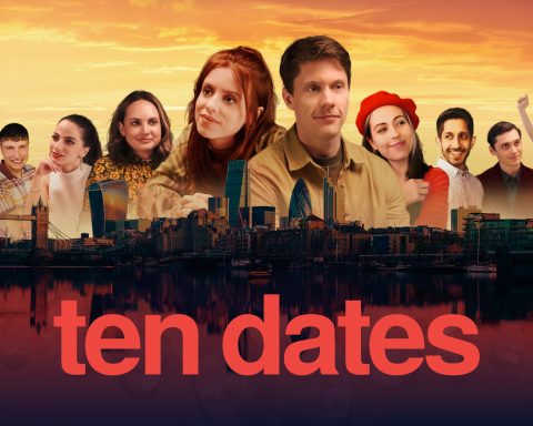 The key art for Ten Dates, with the game's logo, the protagonists Misha and Ryan, and their ten dates.