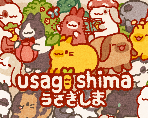 The key art for Usagi Shima, featuring the game's name in English and Japanese and loads of bunnies.